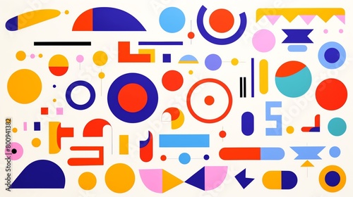Bright and bold illustration of basic shapes in vivid colors arranged creatively on a plain white background perfect for educational materials