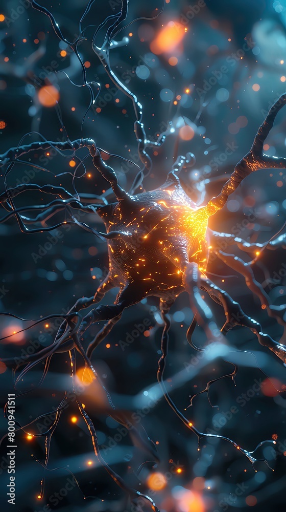 Close up of the first ever artificial neuron firing in a lab setting, bright and intricate