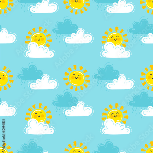 Hand drawn vector illustration. Seamless pattern with cute fluffy clouds and smiling sun on blue sky © Nataliia