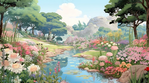 Detailed illustration of a spring garden scene with various types of flowers and a small pond perfect for botanical guides or decor