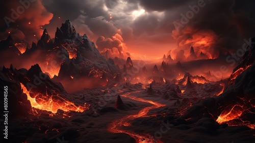 Dramatic 3D volcanic landscape with flowing lava and ash clouds designed for disaster simulations educational content or thrilling video game environments photo