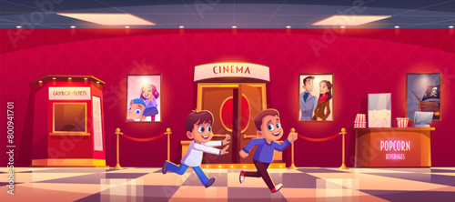 Cinema office and children run. Theatre hall door cartoon interior with poster, popcorn box and kid play. Happy boy race indoor building for movie ticket. Red multiplex environment game panorama