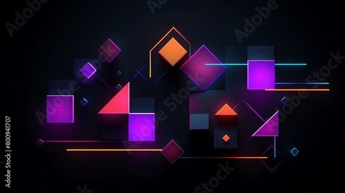 Minimalist art print of geometric shapes in neon colors set against a dark backdrop for a striking contrast suitable for modern decor