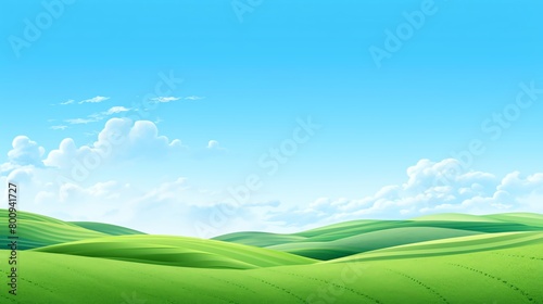 Minimalist design of a spring landscape with rolling green hills and a clear blue sky ideal for peaceful background settings