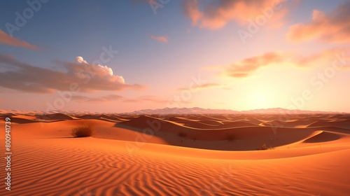 Peaceful 3D desert scene at twilight with long shadows cast by sand dunes and a vibrant sunset sky perfect for meditation videos or atmospheric backgrounds
