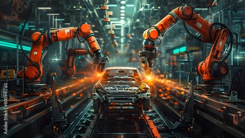 Robotic arms working in a car factory assembly line for car production . Concept Manufacturing Technology, Automotive Industry, Robotic Automation, Assembly Line Efficiency, Car Production Processes
