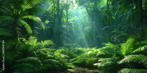 green tropical jungle forest  with ferns and giant trees,  mystery and adventure.nature background © Planetz