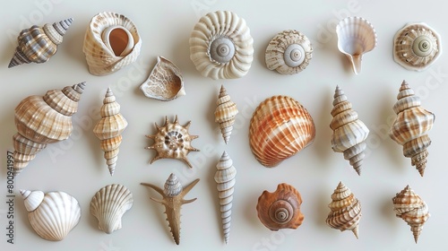 collection of various seashells on pure white background