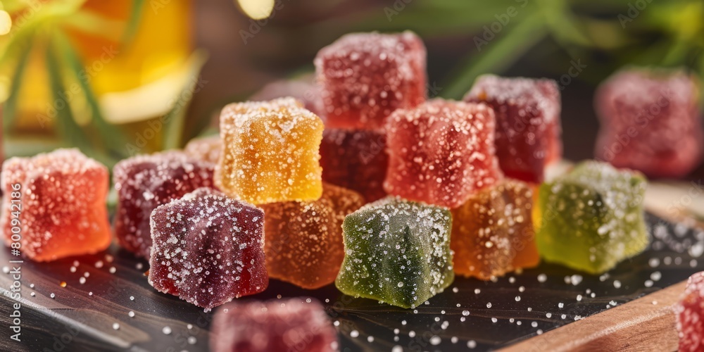 A stack of colorful gummy cube candy sits on a light colored wooden table A stack of colorful gummy cube candy sits on a light colored wooden table