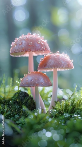 A close-up of a group of pink mushrooms in the forest.