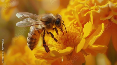 A close-up shot of a bee collecting nectar from a vibrant marigold bloom, showcasing the intricate details and delicate movements of the pollinator on World Bee Day.