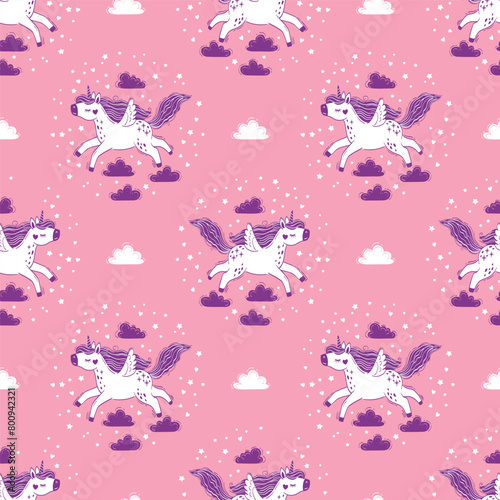 Vector seamless pattern of magical unicorns in the sky among fluffy clouds. Hand drawn illustration of unicorns and clouds on a pink starry sky background © Nataliia