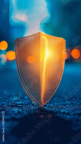 A glowing shield in the middle of a dark city street at night.