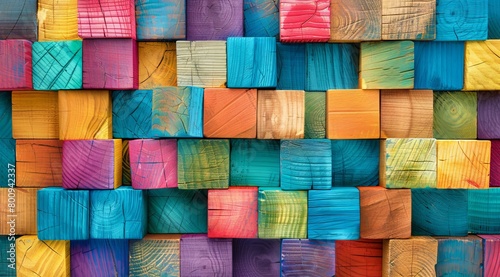 Colorful wooden blocks arranged in an abstract pattern, perfect for background or texture. Background of colorful wood blocks arranged in an abstract pattern. Top view of multicolored wooden cubes arr