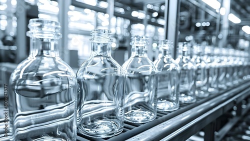 Manufacturing medical vials and glass bottles at a pharmaceutical factory. Concept Pharmaceutical Manufacturing, Medical Vials, Glass Bottles, Factory Production, Quality Control photo