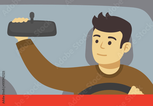 Close-up of a male driver adjusting rear view mirror in a car. Front view. Flat vector illustration template.