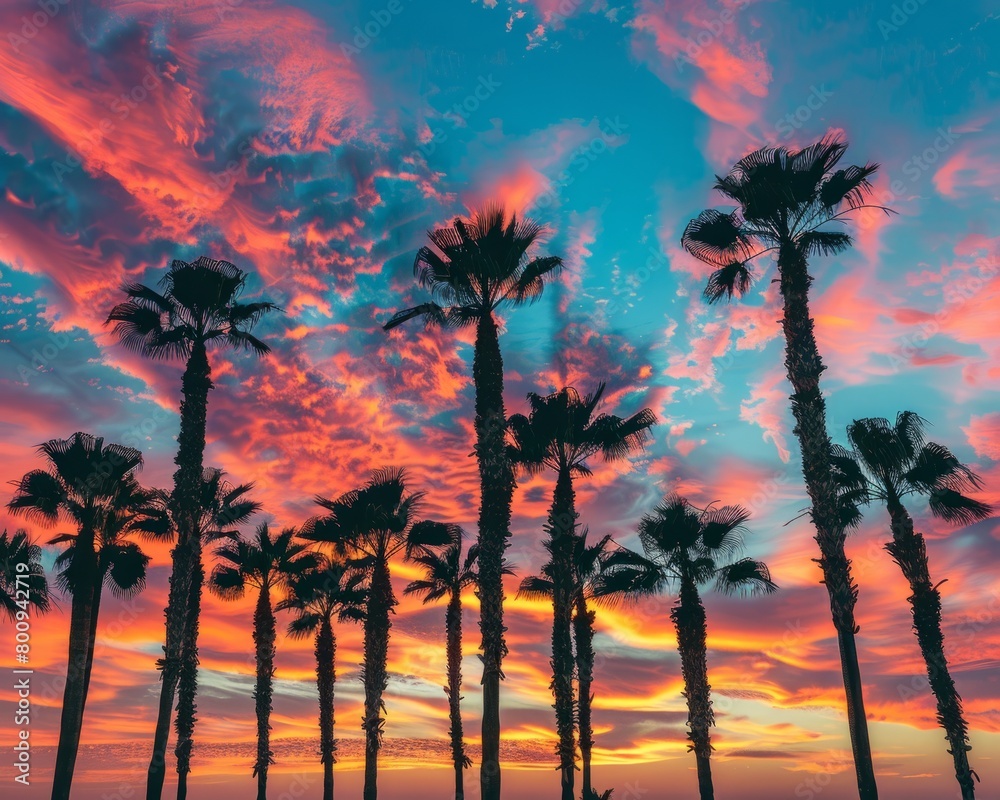 Palm trees at sunset with vibrant red and blue sky Palm trees at sunset with vibrant red and blue sky