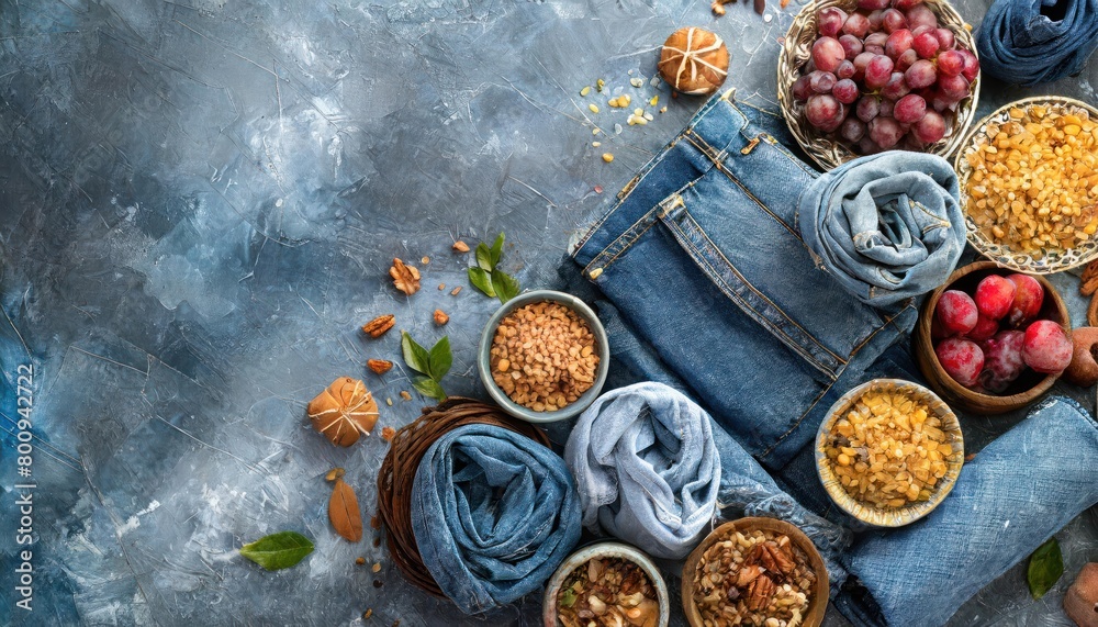 Textured background with variety of men's and women's blue jeans. Top view. Textured background with variety of men's and women's blue jeans. Top view.
