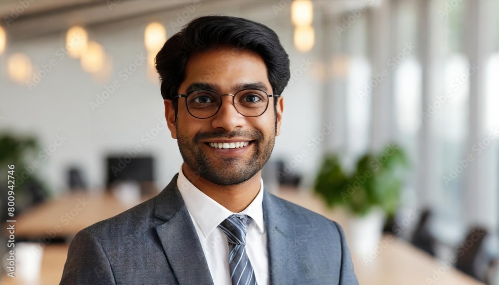 Confident Indian businessman smiling at camera in office copy space Confident Indian businessman smiling at camera in office copy space