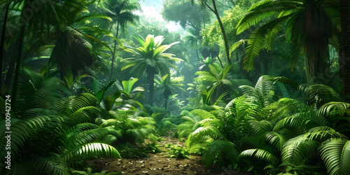 green tropical jungle forest  with ferns and giant trees   mystery and adventure.nature background