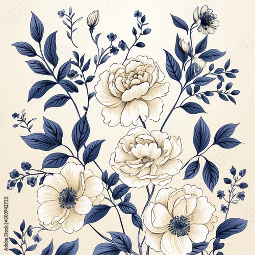 Navy line florals on cream, repeating vector, sophisticated for home decor , vector and illustration