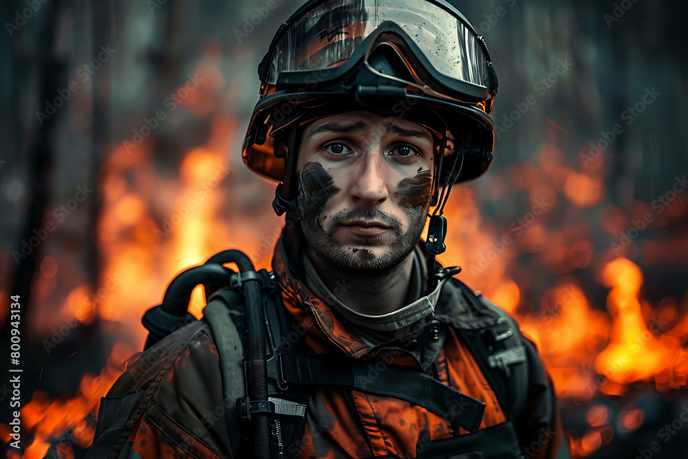 portrait of a male firefighter in burning forest background