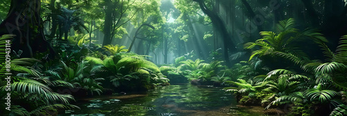 green tropical jungle forest  with ferns and giant trees   mystery and adventure.nature background