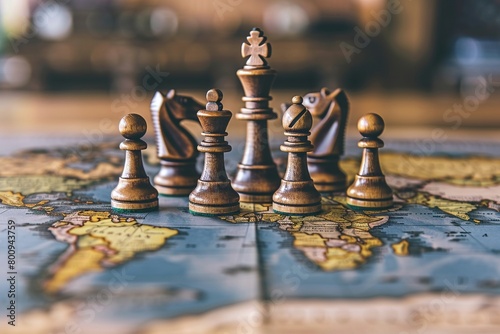 Schachfiguren auf einer Weltkarte symbolisch für die Geopolitik  photo