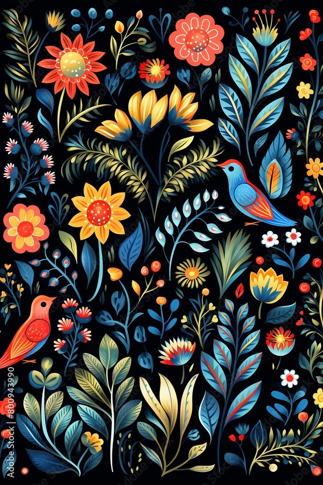 Folk art garden creatures, highres vector, charming repeat for fabric , repeating pattern Folk art garden creatures, highres vector, charming repeat for fabric , repeating pattern
