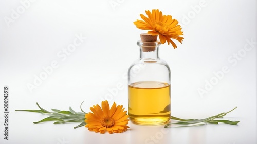 bottle of calendula oil on plain white background from Generative AI photo