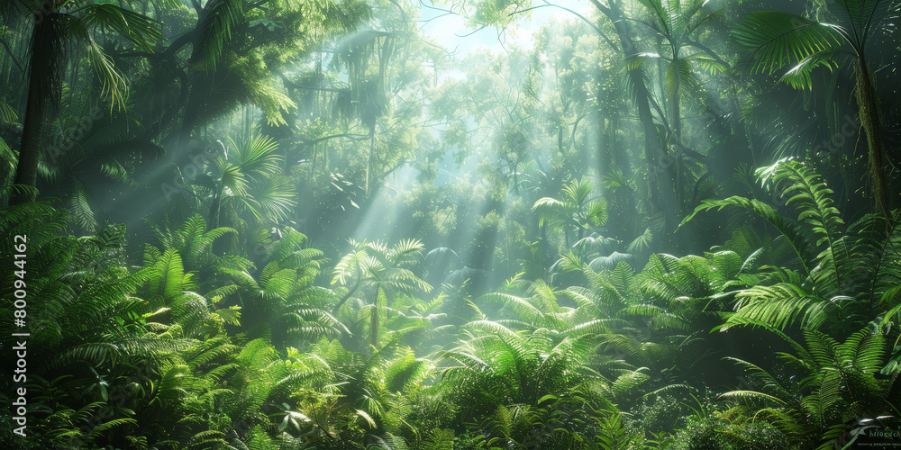 green tropical jungle forest with ferns and giant trees, mystery and adventure.nature background green tropical jungle forest with ferns and giant trees, mystery and adventure.nature background