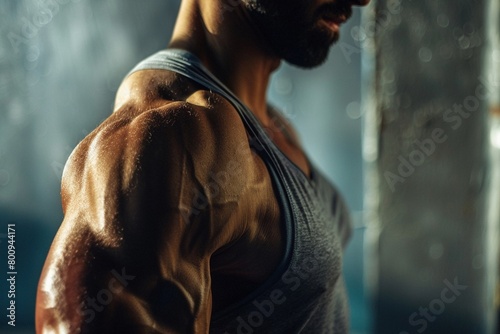 Seitliche Nahaufnahme vom muskulösen Oberkörper eines Bodybuilders  photo