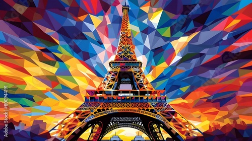 Colourful Abstract Eiffel Tower background. Vibrant pop art of Eiffel Tower in paris cityscape at sunset, 3d rendering contemporary wall deco.