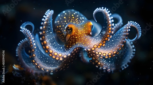 Monster octopus kraken in deep sea underwater, wild sea life vampire suid with tentacles. Horror ocean alien's realistic digital photo illustration. © Koko Art Studio