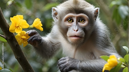 Silvery or silver leaf Trachypithecus cristatus, the lutung monkey, reaches out to grab a yellow blossom for consumption. photo