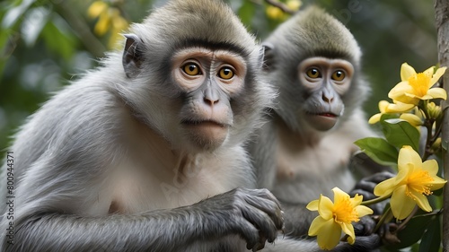 Silvery or silver leaf Trachypithecus cristatus, the lutung monkey, reaches out to grab a yellow blossom for consumption. © Ashan
