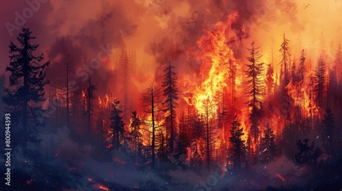 Forest fire, burning trees, forest destruction, silhouette, natural disaster. Nature protection concept. © Дмитрий Баронин