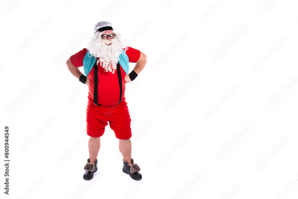 Funny fat Santa Claus is doing sports. White background. Funny fat Santa Claus is doing sports. White background.