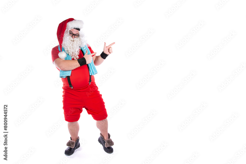 Funny fat Santa Claus is doing sports., White background. Funny fat Santa Claus is doing sports., White background.