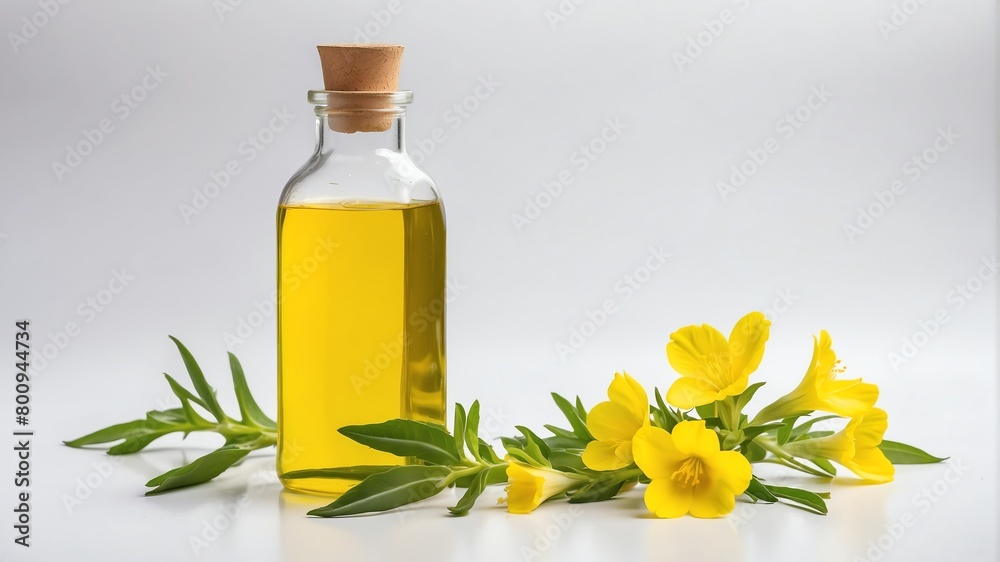 bottle of evening primrose oil on plain white background from Generative AI bottle of evening primrose oil on plain white background from Generative AI