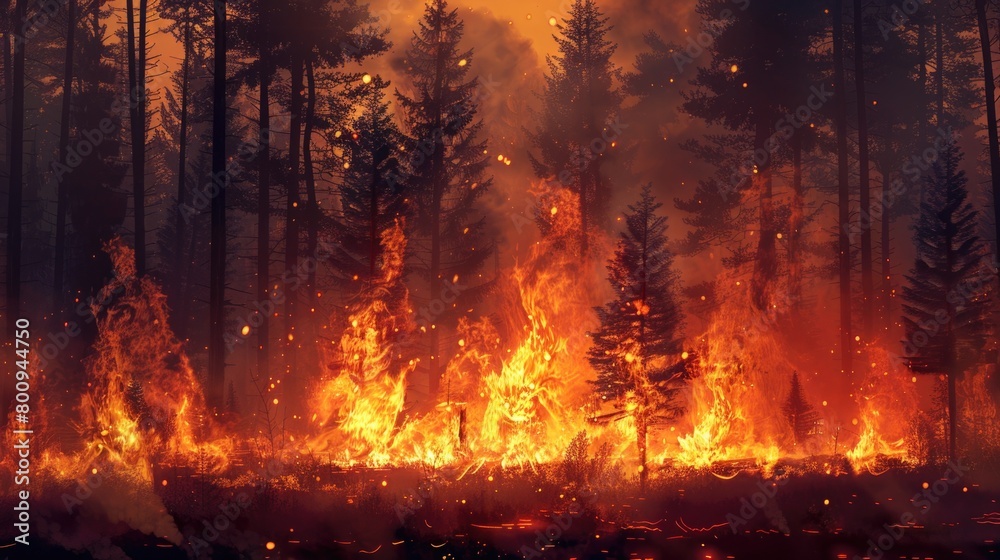 Forest fire, burning trees, forest destruction, silhouette, natural disaster. Nature protection concept. Forest fire, burning trees, forest destruction, silhouette, natural disaster. Nature protection concept.