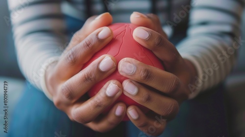 A close-up of hands clutching a stress ball tightly, veins visible from the pressure. photo