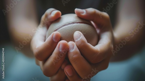 A close-up of hands clutching a stress ball tightly, veins visible from the pressure. photo