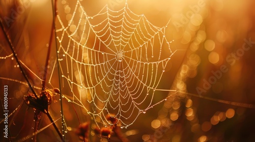 A close-up of a delicate spiderweb glistening with dewdrops in the early morning light, showcasing nature's intricate beauty.