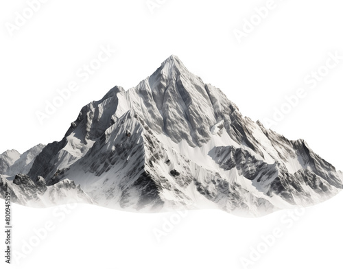 Majestic snow-capped mountain peak rising with rugged slopes against a transparent isolated background. Generative AI © Breyenaiimages