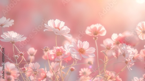 soft pink flowers blooming in gentle sunlight with dreamy bokeh background © pier