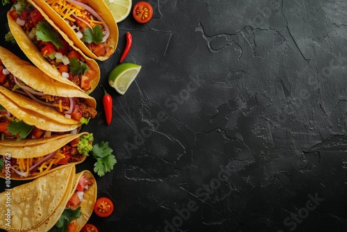 Mexican food is shown  including tacos and tortillas with an empty space for text on the right side. A sombrero sits next to some salsas in small bowls. In the top left corner there is a mexican hat. 