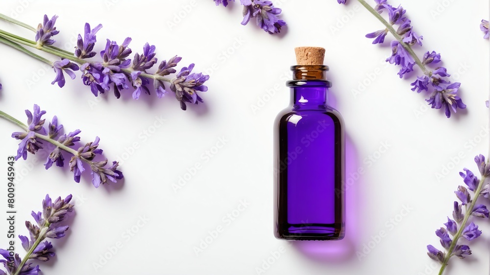bottle of lavender oil on plain white background from Generative AI bottle of lavender oil on plain white background from Generative AI