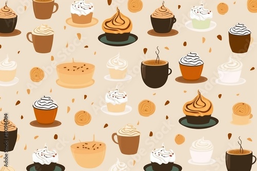 Variety of coffee cups and cakes spread out on a table  creating an abstract color background