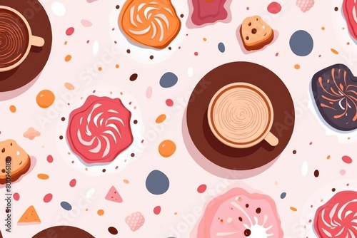 Various cakes and coffee mugs scattered on a playful backdrop